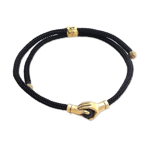 Alternate image for Brass and Black Obsidian Cord Unity Bracelet from Bali Golden Handshake