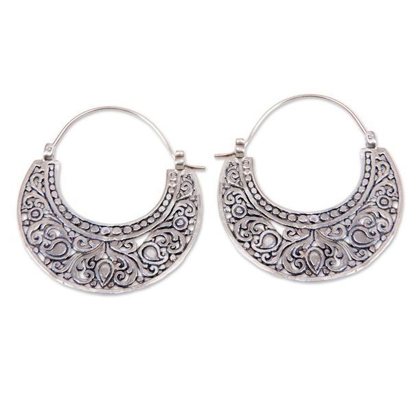 Alternate image for Ornately Detailed Sterling Silver 925 Hoop Earrings Garden of Eden