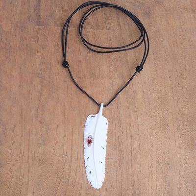 Alternate image for Garnet Leather and Carved Bone Feather Pendant Necklace Feather Soul