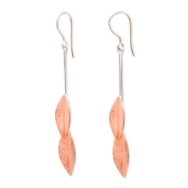 Alternate image for Rose Gold Accent Sterling Silver Leaf Dangle Earrings Feminine Leaves