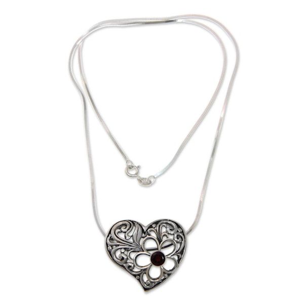 Alternate image for Sterling Silver Heart Pendant Necklace with Garnet Blooming Heart