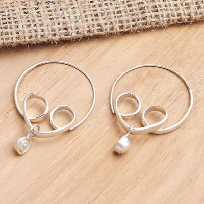 Alternate image for Sterling Silver and Cultured Pearl Hoop Earrings Love Ocean