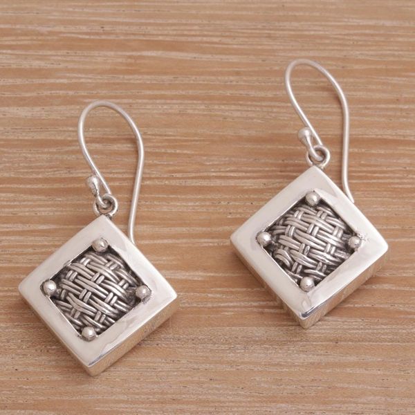 Alternate image for Woven Sterling Silver Diamond Shaped Dangle Earrings Weaving Ketupats