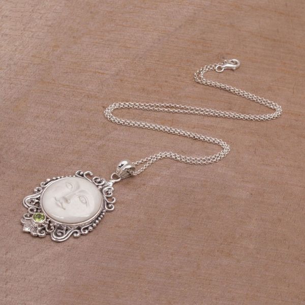 Alternate image for Peridot and Bone Moon Pendant Necklace from Bali Moonlight Stare