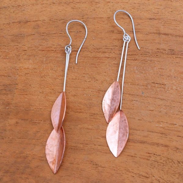 Alternate image for Rose Gold Accent Sterling Silver Leaf Dangle Earrings Feminine Leaves