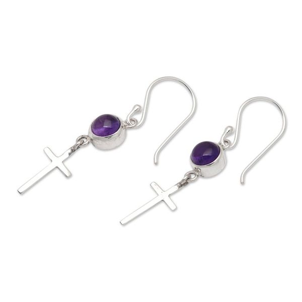 Alternate image for Polished Cross-Themed Amethyst Dangle Earrings from Bali Heavenly Purple