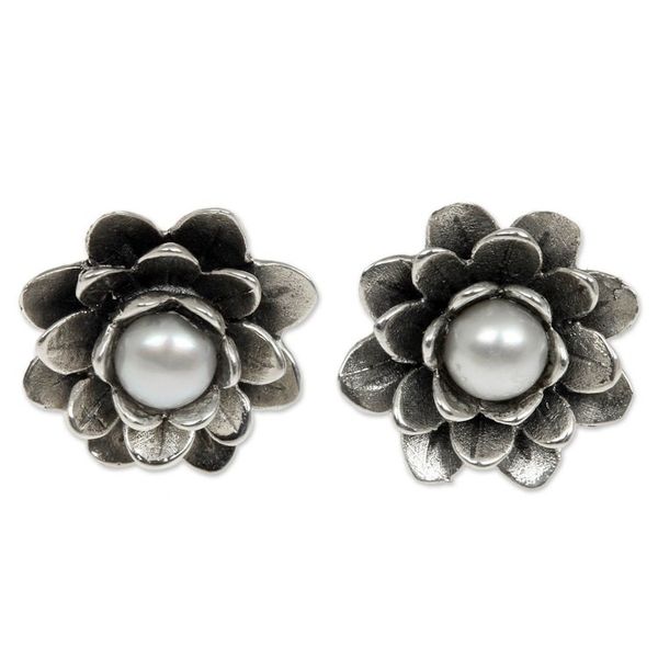 Alternate image for Floral Pearl and Sterling Silver Button Earrings White-Eyed Lotus