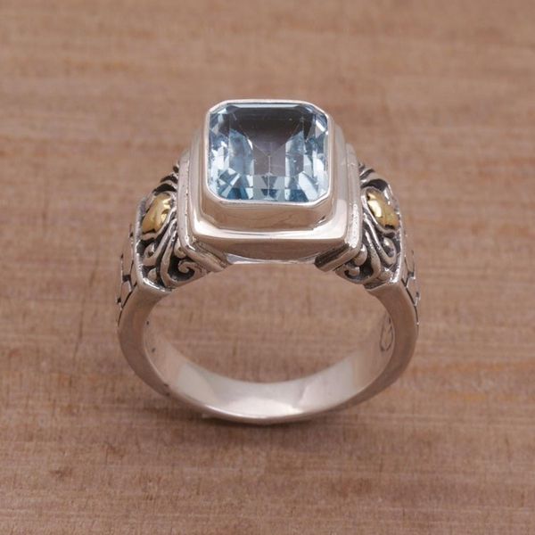 Alternate image for Handmade Blue Topaz Single Stone Ring with Gold Accents Blue Extravaganza