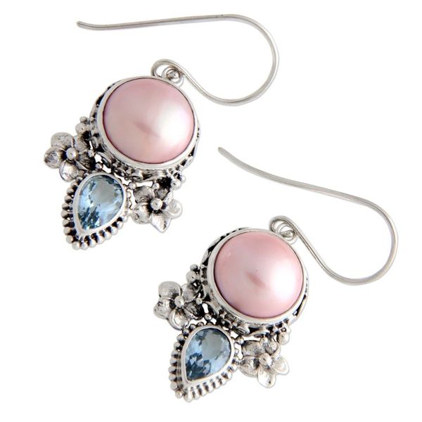 Alternate image for Hand Made Pearl and Blue Topaz Dangle Earrings Love Moon