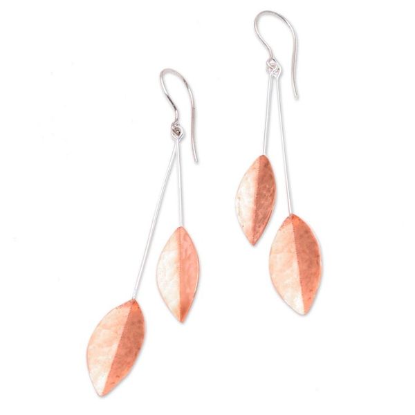 Alternate image for Rose Gold Accent Sterling Silver Leaf Dangle Earrings Feminine Leaves