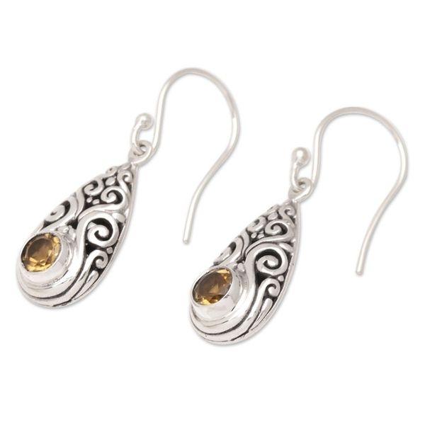 Alternate image for Balinese Sterling Silver Dangle Earrings with Citrine Stones Tears of Jubilation
