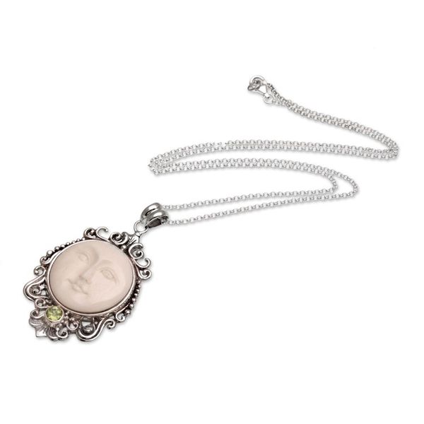 Alternate image for Peridot and Bone Moon Pendant Necklace from Bali Moonlight Stare