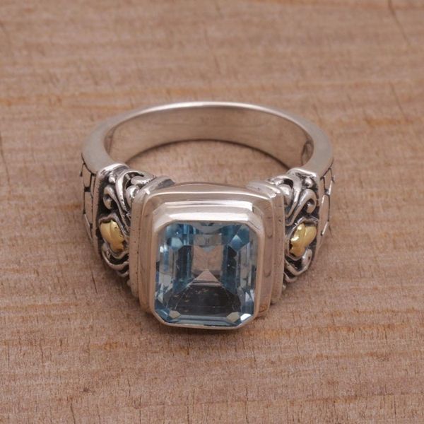 Alternate image for Handmade Blue Topaz Single Stone Ring with Gold Accents Blue Extravaganza