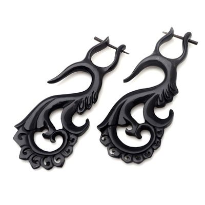 Alternate image for Hand Carved Dark Brown Water Buffalo Horn Hoop Earrings Intricacy Unfurled
