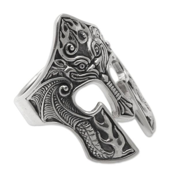 Alternate image for Sterling Silver Mens Dragon Balinese Warrior Ring Brawijaya Mask