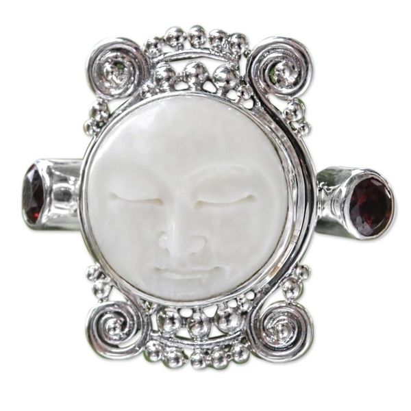 Alternate image for Garnet and Carved Bone Silver Ring Moon Dream