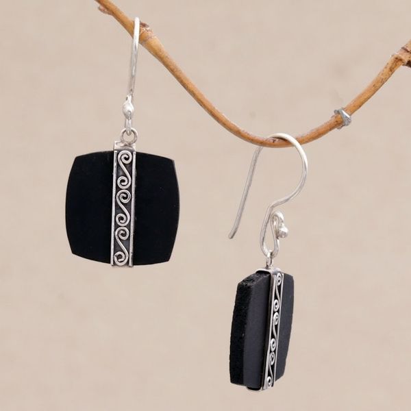 Alternate image for Sterling Silver and Lava Stone Spiral Motif Dangle Earrings Temple Bands