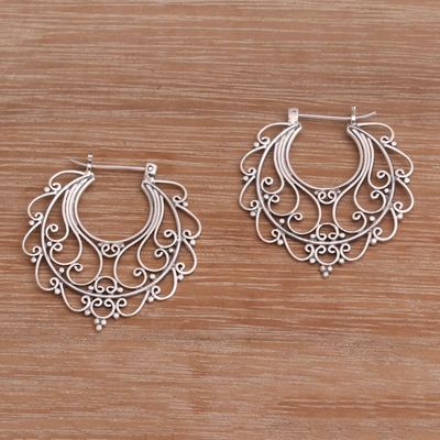 Alternate image for Sterling Silver Hoop Earrings Handcrafted in Bali Graceful Glamour