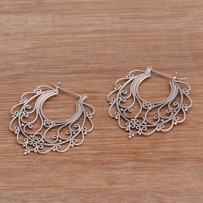 Alternate image for Sterling Silver Hoop Earrings Handcrafted in Bali Graceful Glamour