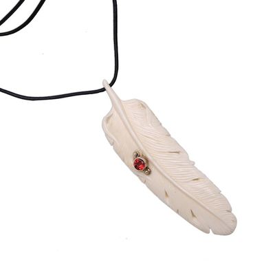 Alternate image for Garnet Leather and Carved Bone Feather Pendant Necklace Feather Soul