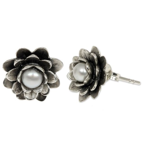 Alternate image for Floral Pearl and Sterling Silver Button Earrings White-Eyed Lotus
