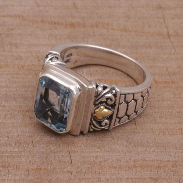Alternate image for Handmade Blue Topaz Single Stone Ring with Gold Accents Blue Extravaganza