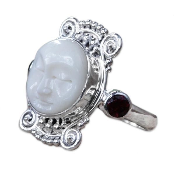Alternate image for Garnet and Carved Bone Silver Ring Moon Dream