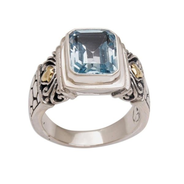 Alternate image for Handmade Blue Topaz Single Stone Ring with Gold Accents Blue Extravaganza