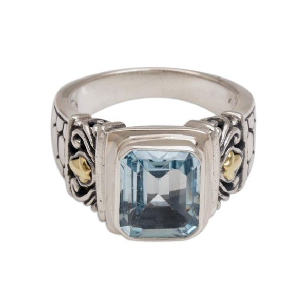 Alternate image for Handmade Blue Topaz Single Stone Ring with Gold Accents Blue Extravaganza