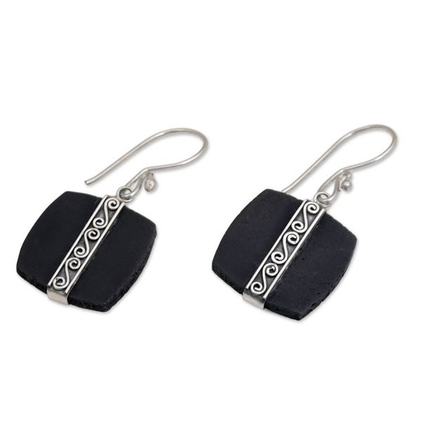 Alternate image for Sterling Silver and Lava Stone Spiral Motif Dangle Earrings Temple Bands