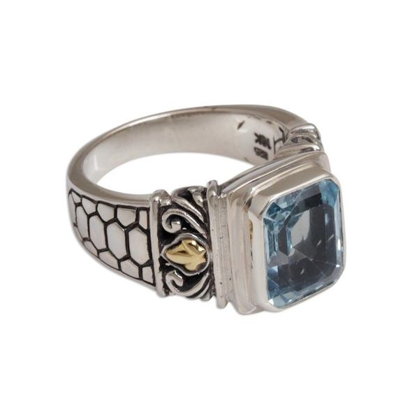 Alternate image for Handmade Blue Topaz Single Stone Ring with Gold Accents Blue Extravaganza
