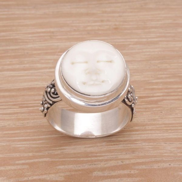 Alternate image for Hand Carved Bone and Sterling Silver Face Ring Serene Repose