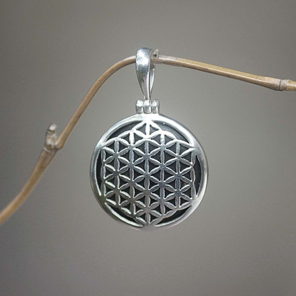 Sterling Silver and Wood Pendant 'Flower of Life'