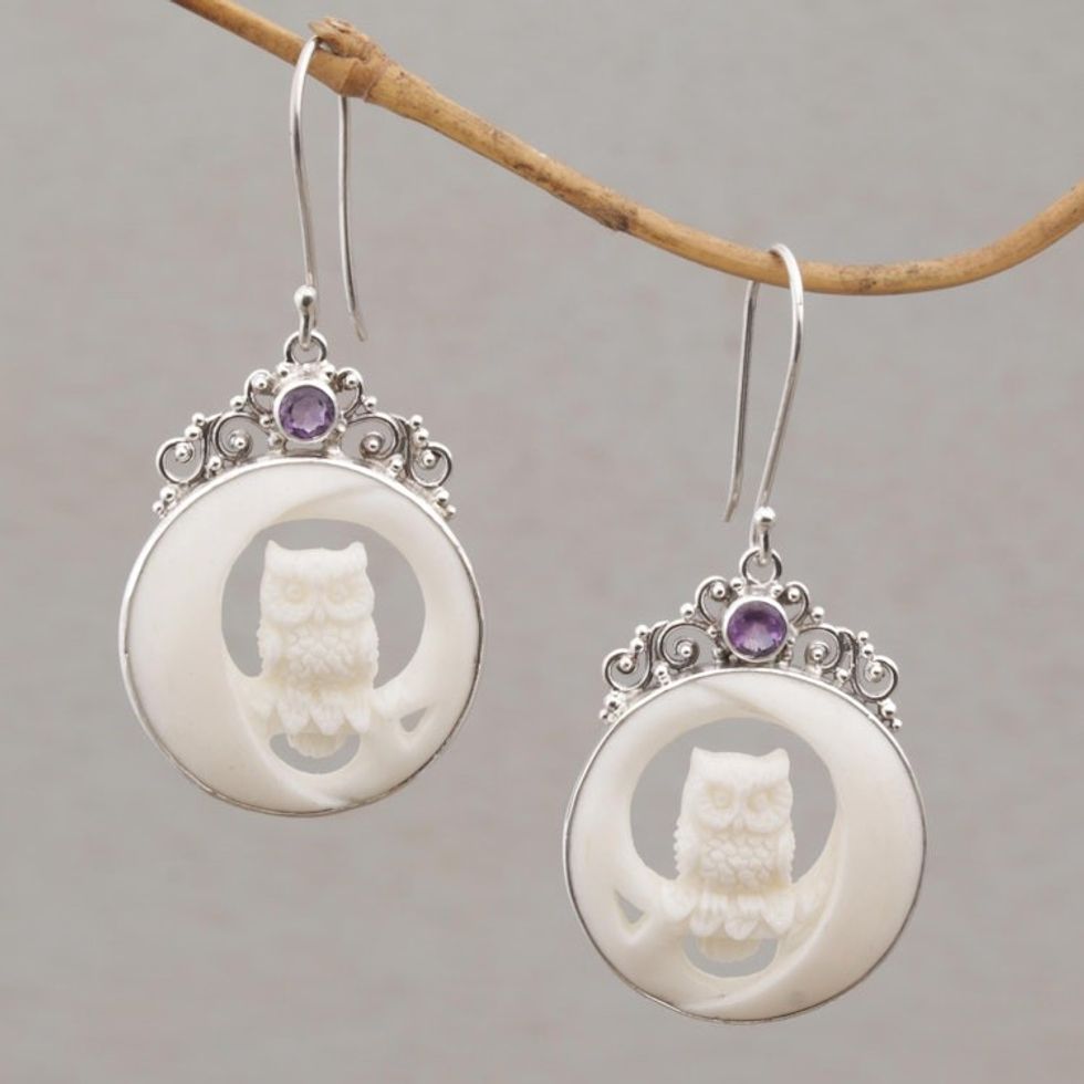 Polished Bone Owl Dangle Earrings with Amethysts 'Owls on Watch'