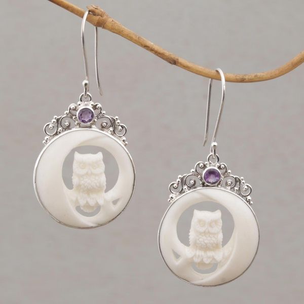 Alternate image for Polished Bone Owl Dangle Earrings with Amethysts Owls on Watch