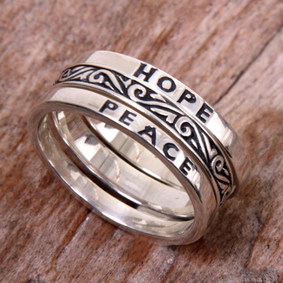 3 Sterling Silver Hope and Peace Stacking Rings Bali 'Hope for Peace'