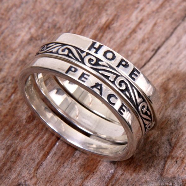 Alternate image for 3 Sterling Silver Hope and Peace Stacking Rings Bali Hope for Peace