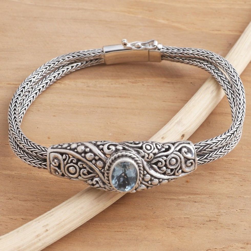 Balinese Blue Topaz Bracelet with Sterling Silver Naga Chain 'Double Naga'