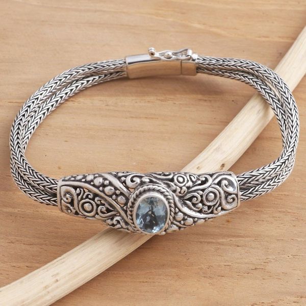 Alternate image for Balinese Blue Topaz Bracelet with Sterling Silver Naga Chain Double Naga