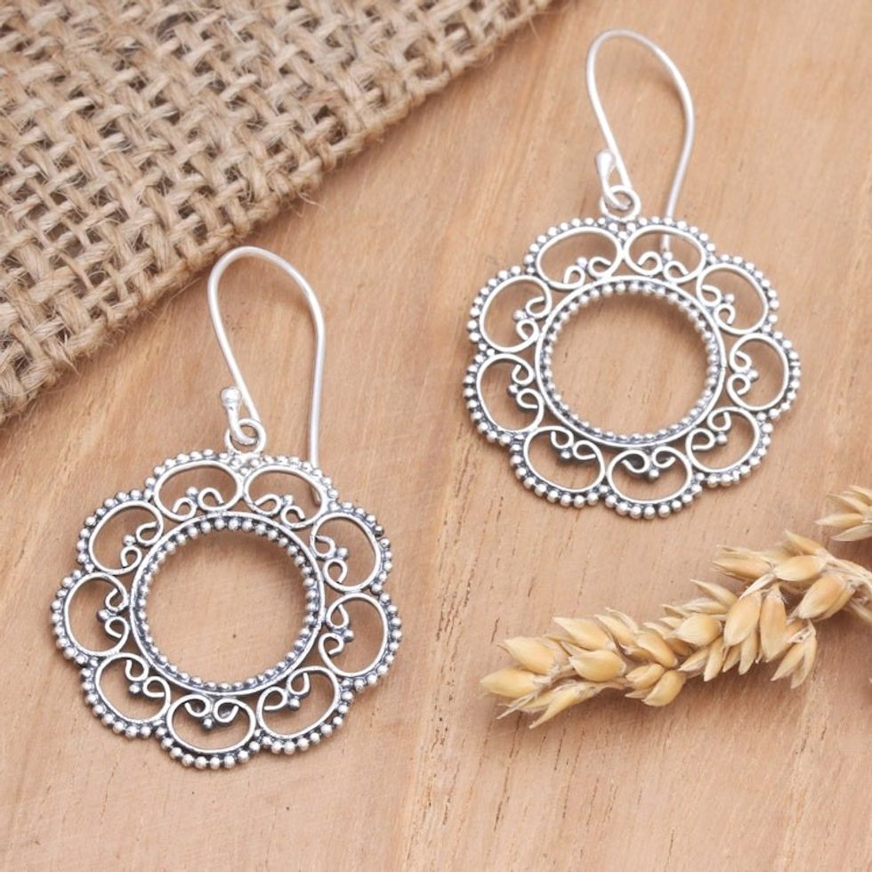 Floral Sterling Silver Dangle Earrings 'Lacy Sunflower'