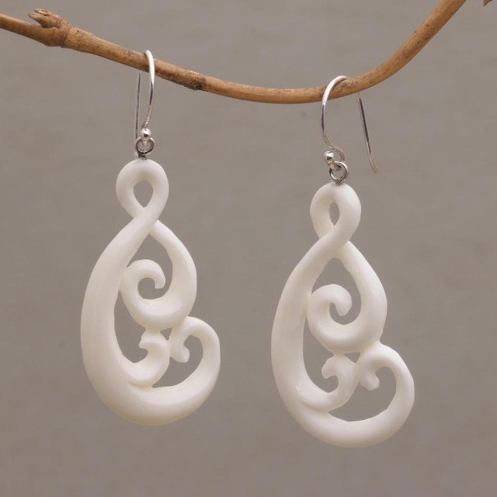 Handcrafted Bone Dangle Earrings from Bali 'Swirly Vines'