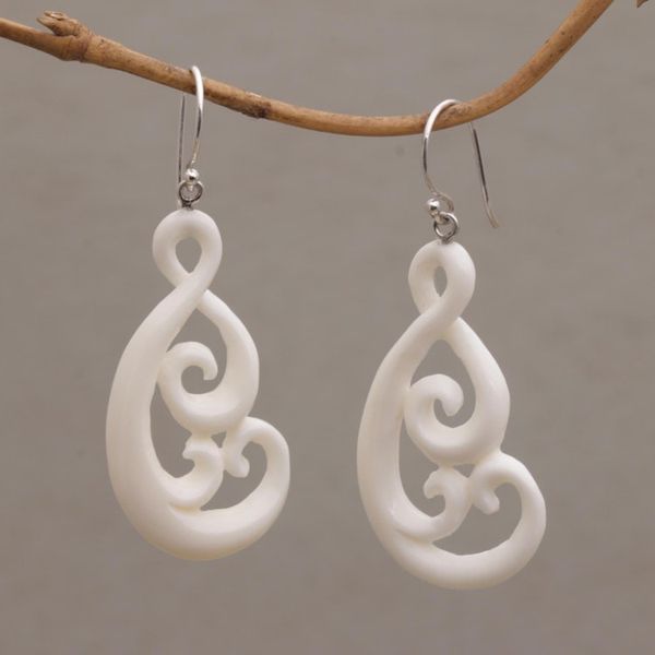 Alternate image for Handcrafted Bone Dangle Earrings from Bali Swirly Vines