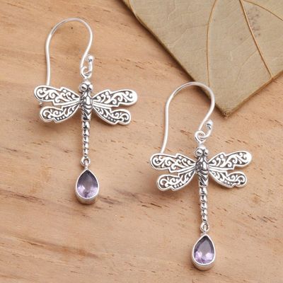 Alternate image for Artisan Crafted Balinese Silver Earrings with Amethyst Dragonfly Freedom