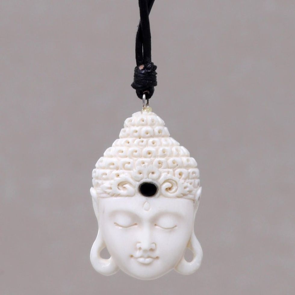 Buddha Head Cow Bone Pendant on Adjustable Leather Cord 'White Buddha Head'