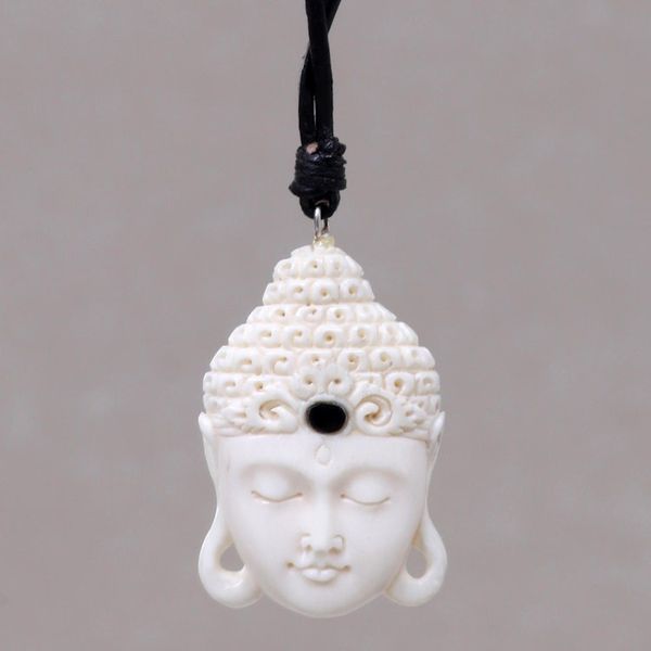 Alternate image for Buddha Head Cow Bone Pendant on Adjustable Leather Cord White Buddha Head