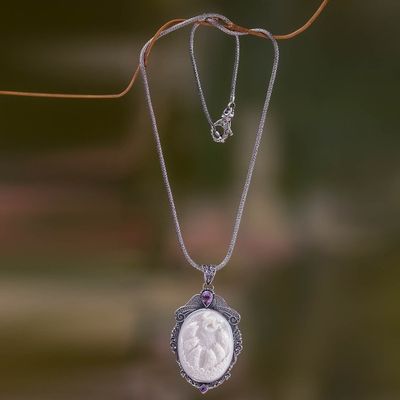 Alternate image for Amethyst Necklace with Carved Bone Medallion Seven Fish