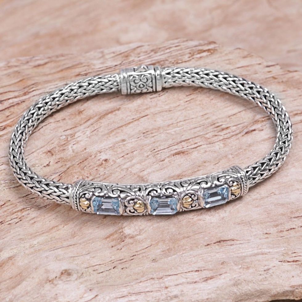 Handcrafted Vermeil Accent Blue Topaz Bracelet from Bali 'Bedugul Temple'