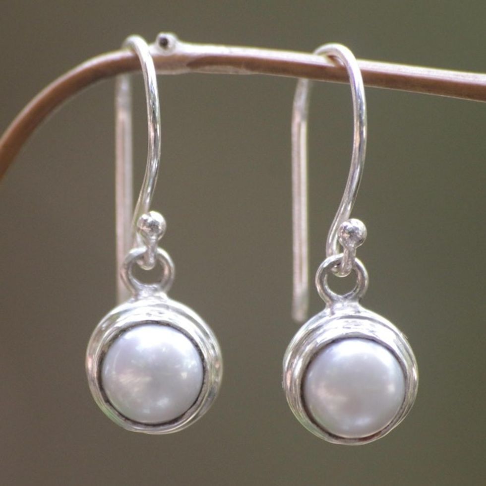 Sterling Silver and Pearl Dangle Earrings 'White Full Moon'