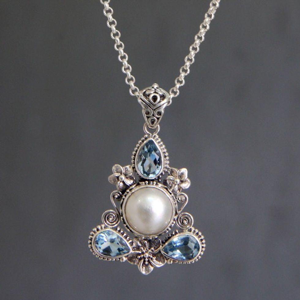 Artisan Crafted Blue Topaz and Pearl Silver Necklace 'Frangipani Trio'