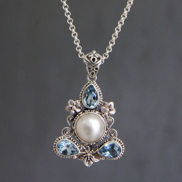 Alternate image for Artisan Crafted Blue Topaz and Pearl Silver Necklace Frangipani Trio
